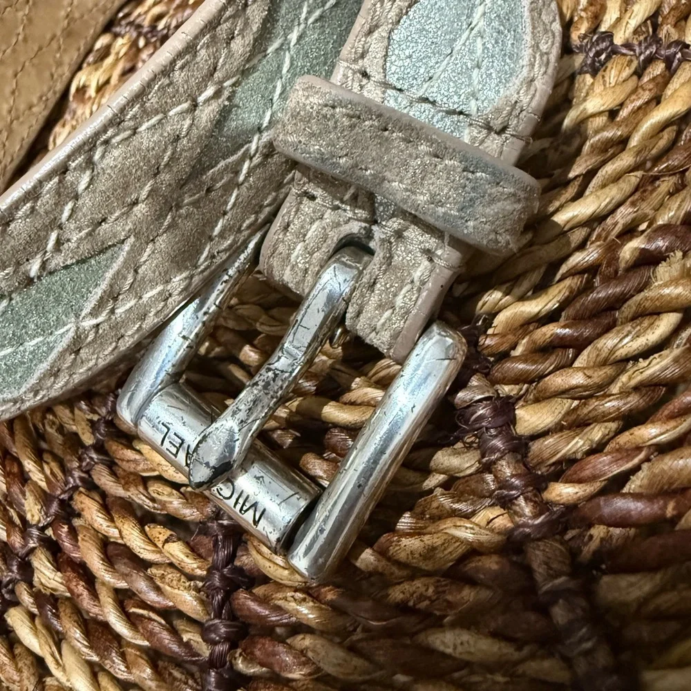 MICHAEL KORS Blue Tan Leather  Belt‎ - Silver Roller Buckle SIZE L 43” Diamond